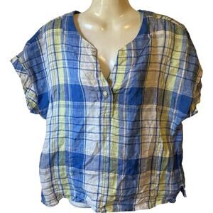 LL Bean Linen Women S Short Sleeve Top Cream Striped Coastal Lagenlook Beach